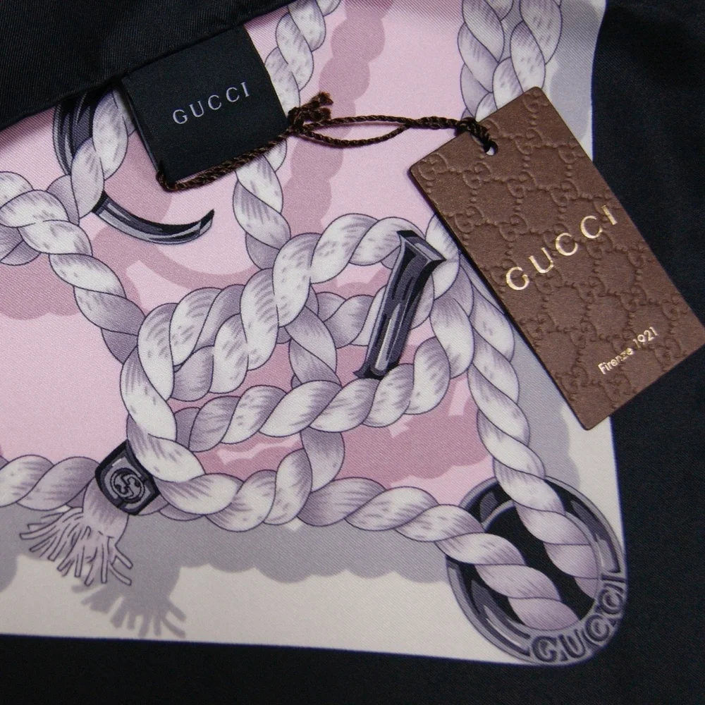 New Gucci Silk Scarf Pink Ropes Print Black Border Silk Wrap Scarf - Picture 10 of 15